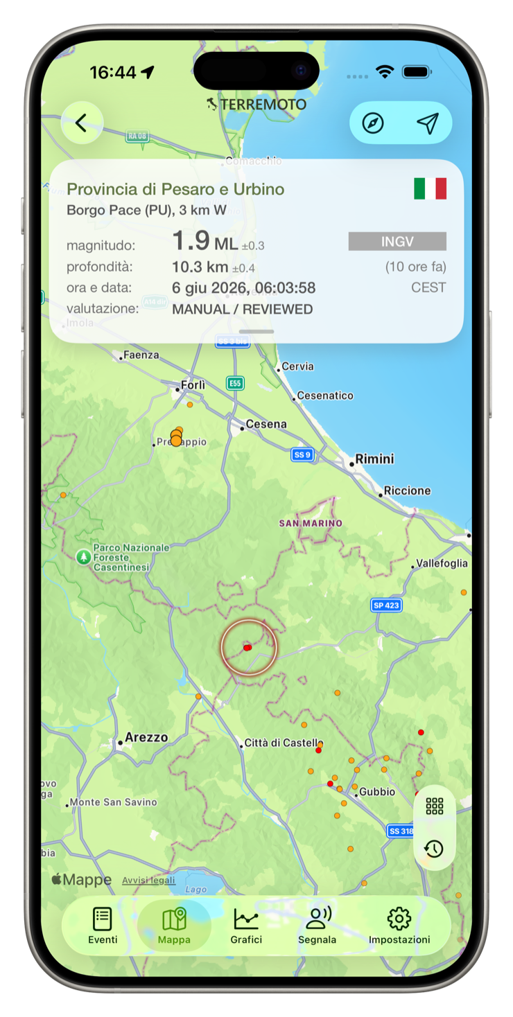 Vista di dettaglio di un evento sismico con tutti i parametri