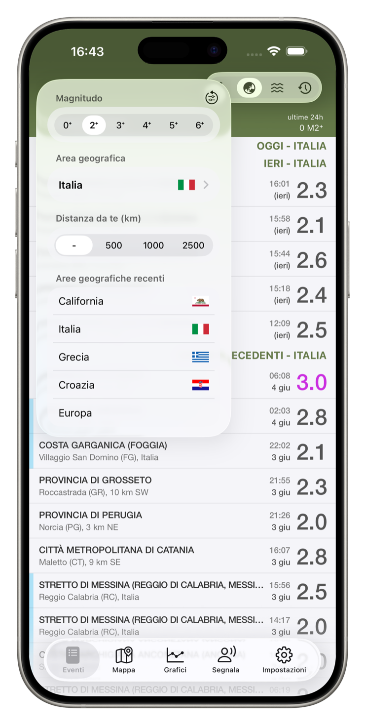 Lista degli eventi sismici con filtri per magnitudo e zona geografica