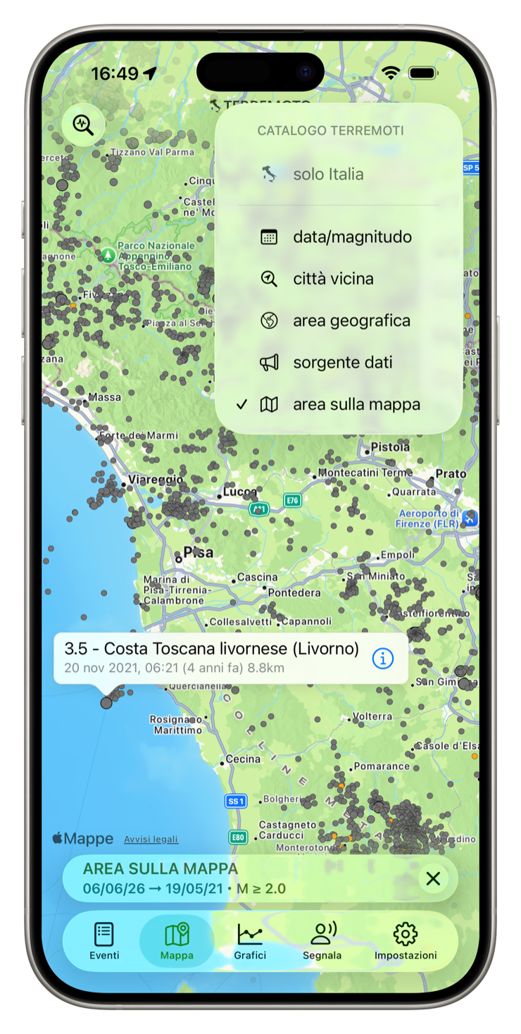 Layer della mappa: confini di placca, orogeni, vulcani, centrali nucleari e densità di popolazione