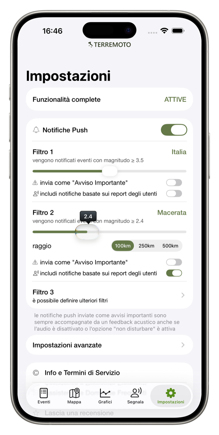 Impostazioni delle notifiche push con filtri per magnitudo e raggio