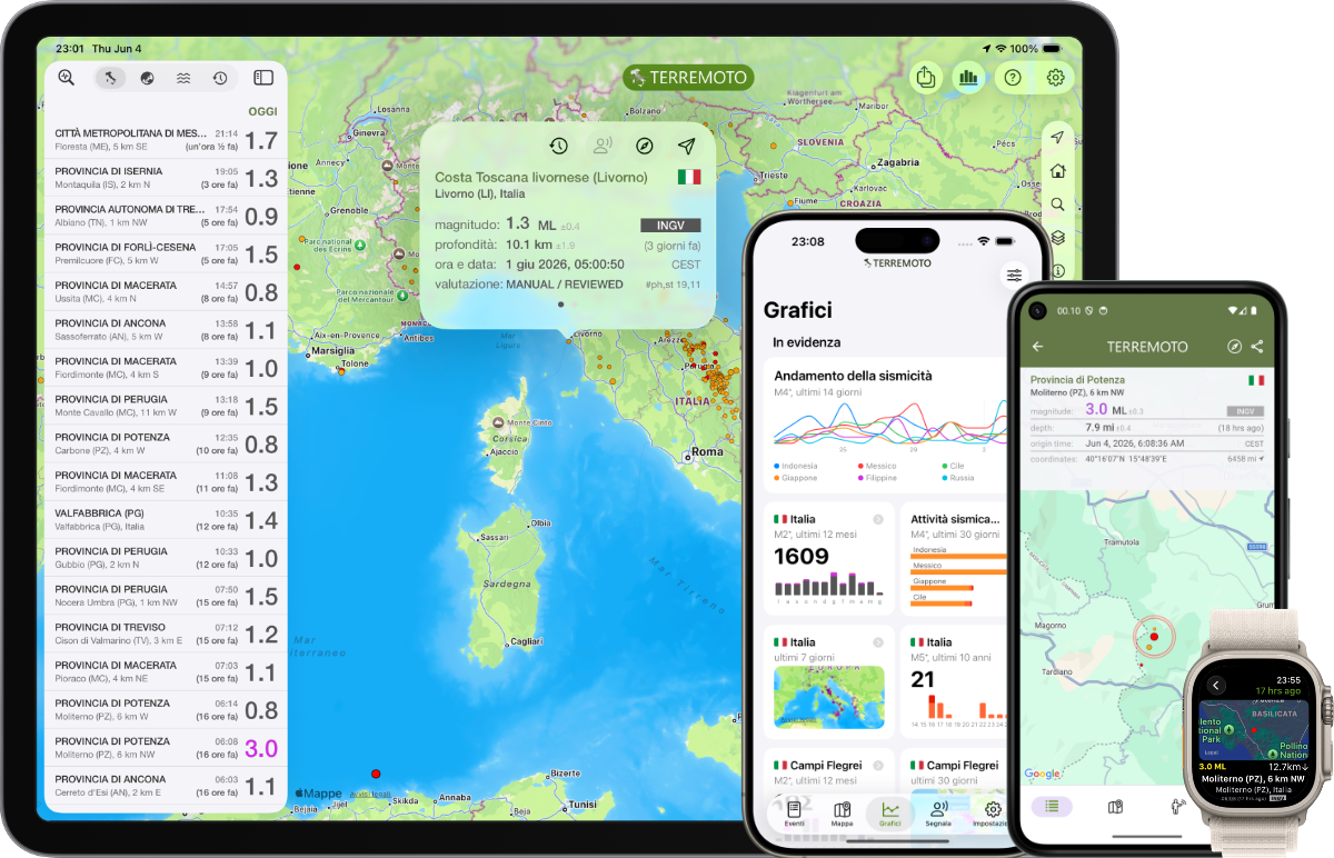 Terremoto su iPad, iPhone e Apple Watch: mappa degli eventi sismici, dettaglio evento, grafici e statistiche